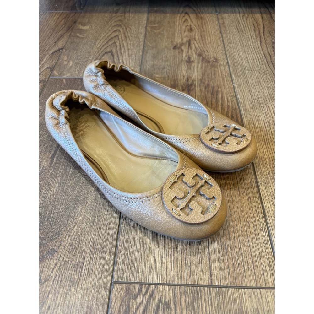 Tory Burch Reva ?  Ballet Flats Brown Tan Leather Logo Shoes Womens 8.5M Slip On